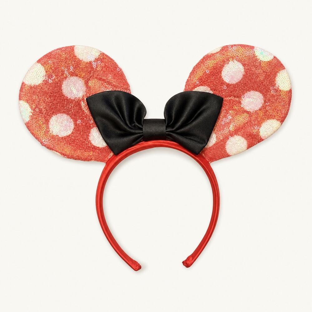 Disney Minnie Mouse Red White Polka Dot Sequin Ears Black Bow